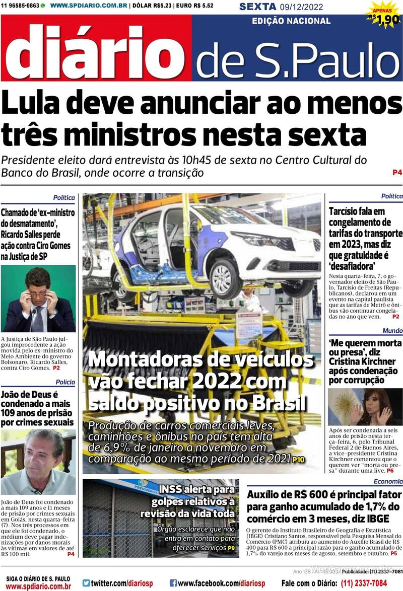 Capa do jornal Diário de São Paulo 09/12/2022