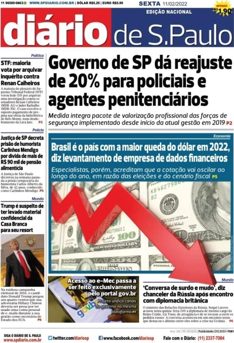 Capa Diário De São Paulo Edição Sexta 11 De Fevereiro De 2022