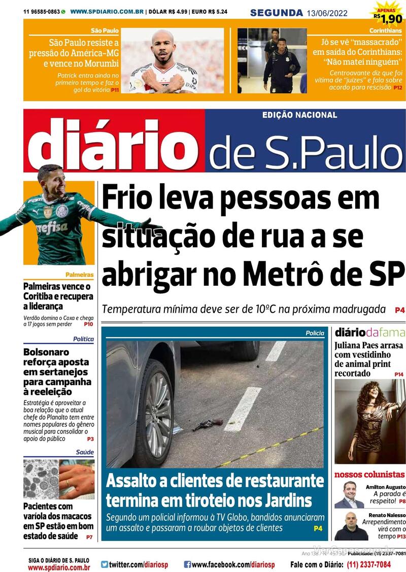 Capa Diário De São Paulo Edição Segunda 13 De Junho De 2022