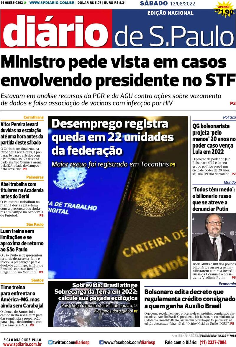 Capa Diário De São Paulo Edição Sábado 13 De Agosto De 2022