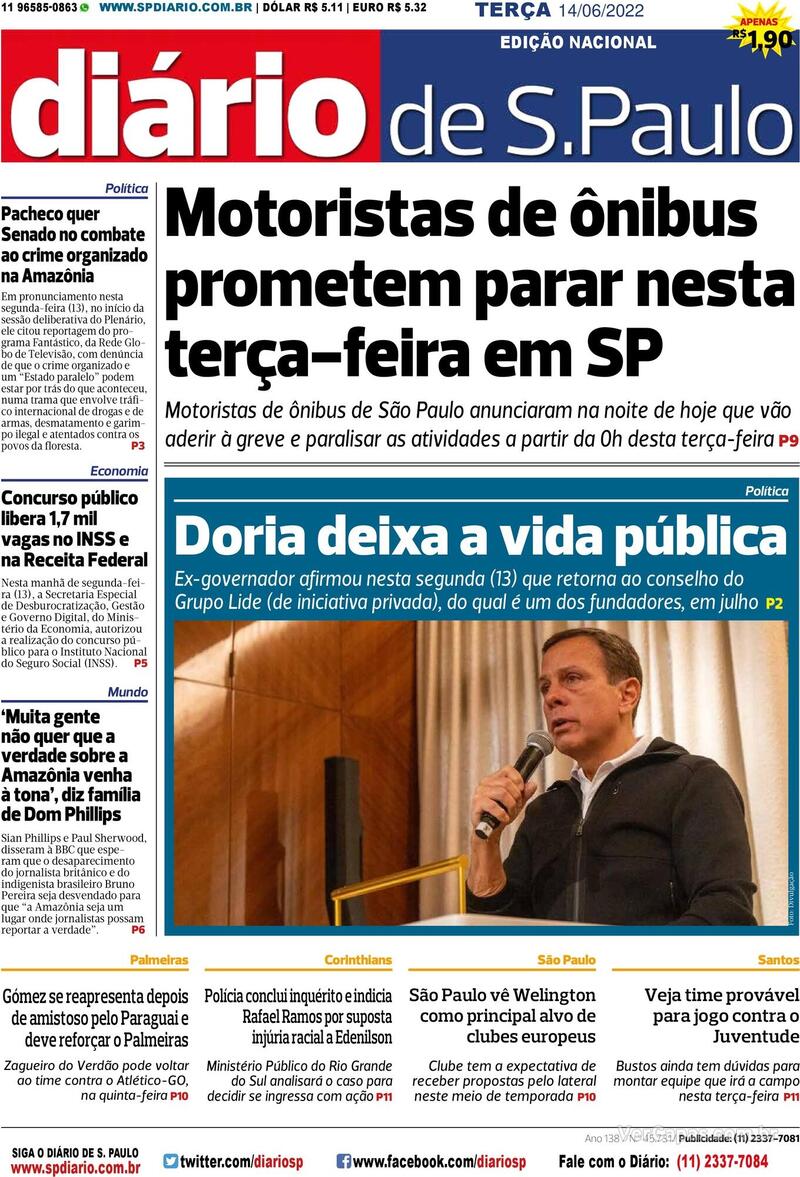 Capa do jornal Diário de São Paulo 14/06/2022