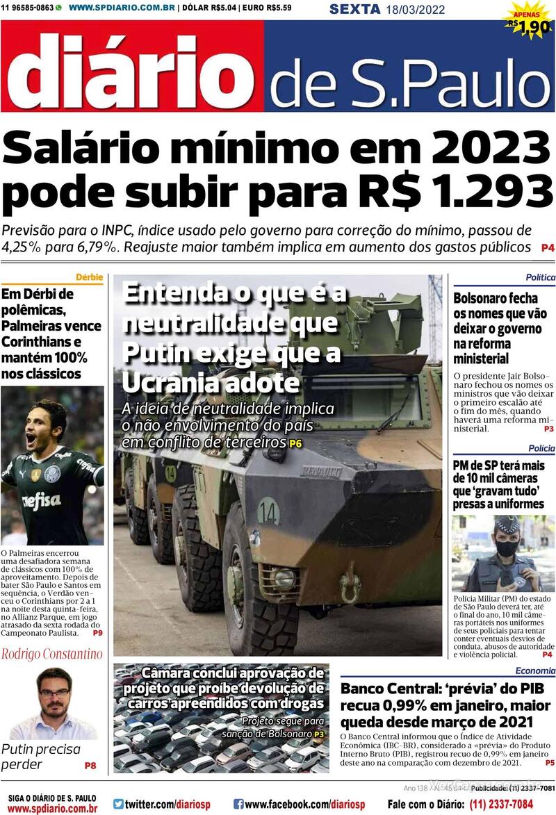 Capa do jornal Diário de São Paulo 18/03/2022
