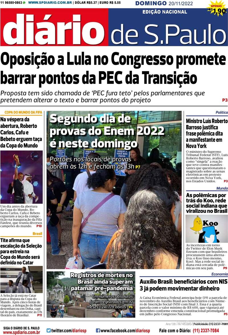 Capa Diário De São Paulo Edição Domingo 20 De Novembro De 2022