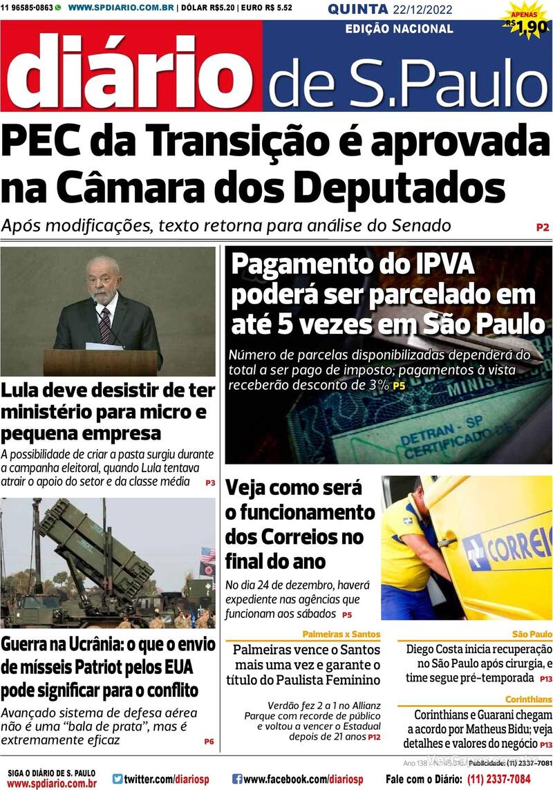 Capa Diário De São Paulo Sexta 2 De Dezembro De 2022