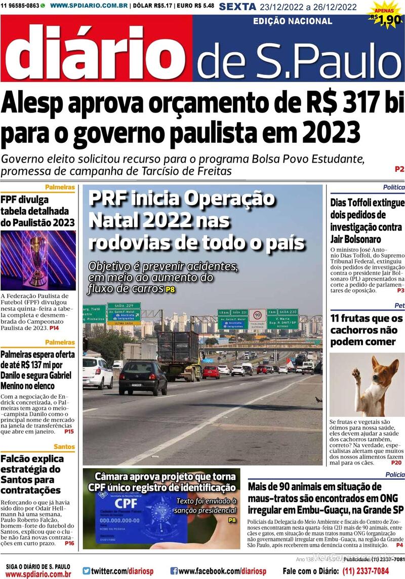 Capa do jornal Diário de São Paulo 23/12/2022