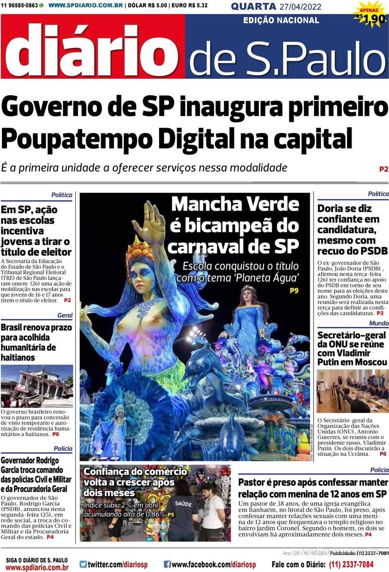 Capa Diário De São Paulo Edição Quarta 27 De Abril De 2022