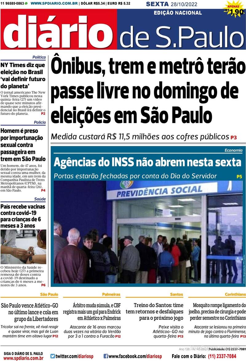 Capa Diário De São Paulo Edição Sexta 28 De Outubro De 2022