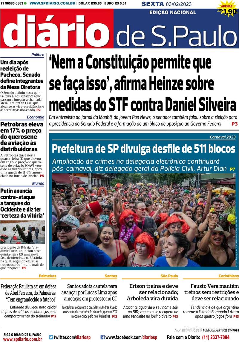 Capa do jornal Diário de São Paulo 03/02/2023