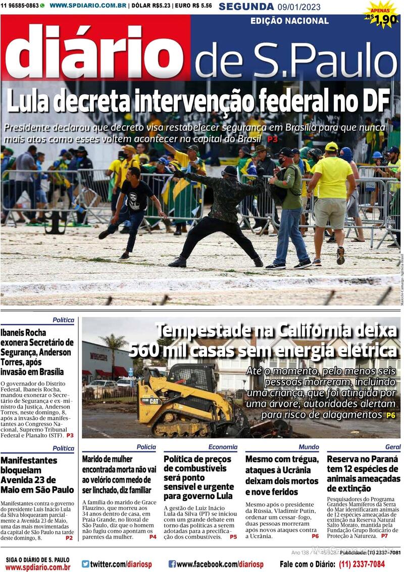 Capa do jornal Diário de São Paulo 09/01/2023