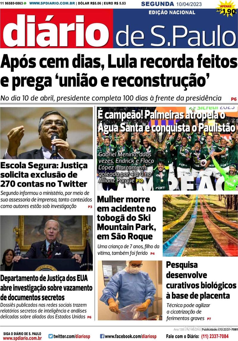 Capa do jornal Diário de São Paulo 10/04/2023