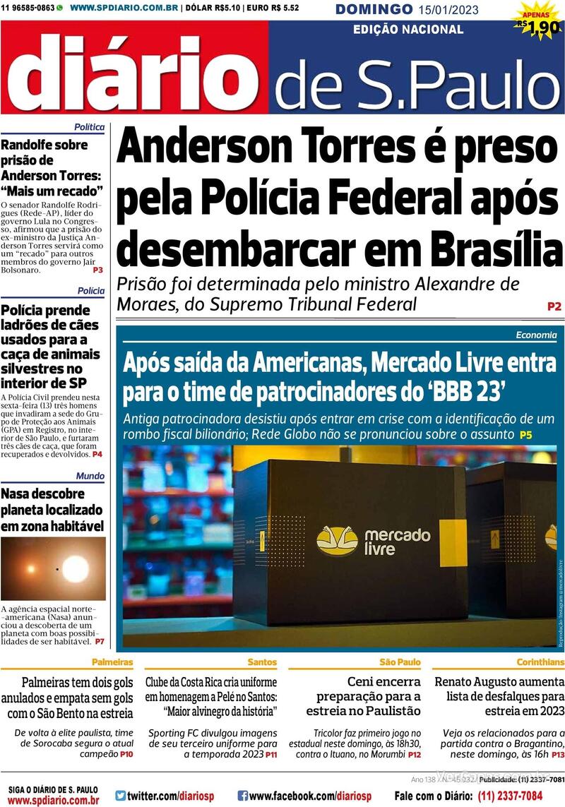 Capa Diário De São Paulo Edição Domingo 15 De Janeiro De 2023