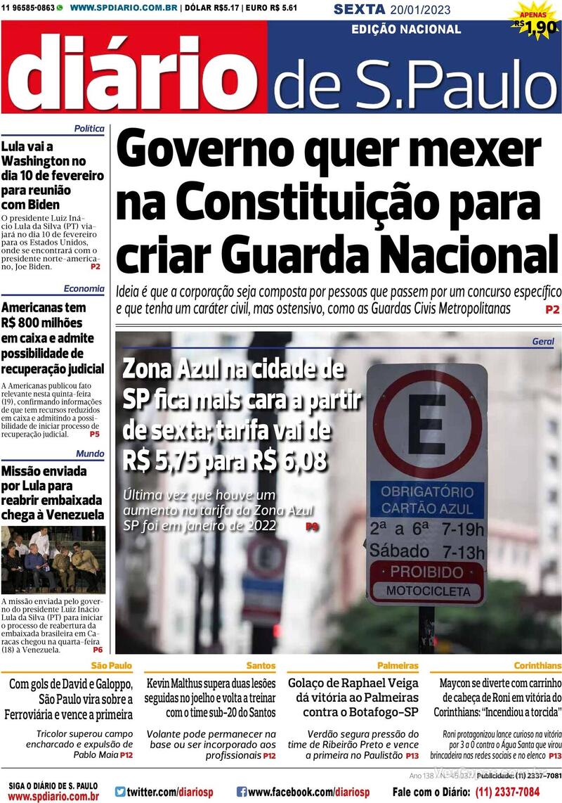 Capa do jornal Diário de São Paulo 20/01/2023