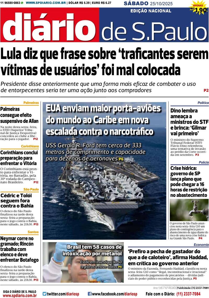 Capa Diário de São Paulo Edição Sábado,25 de Outubro de 2025