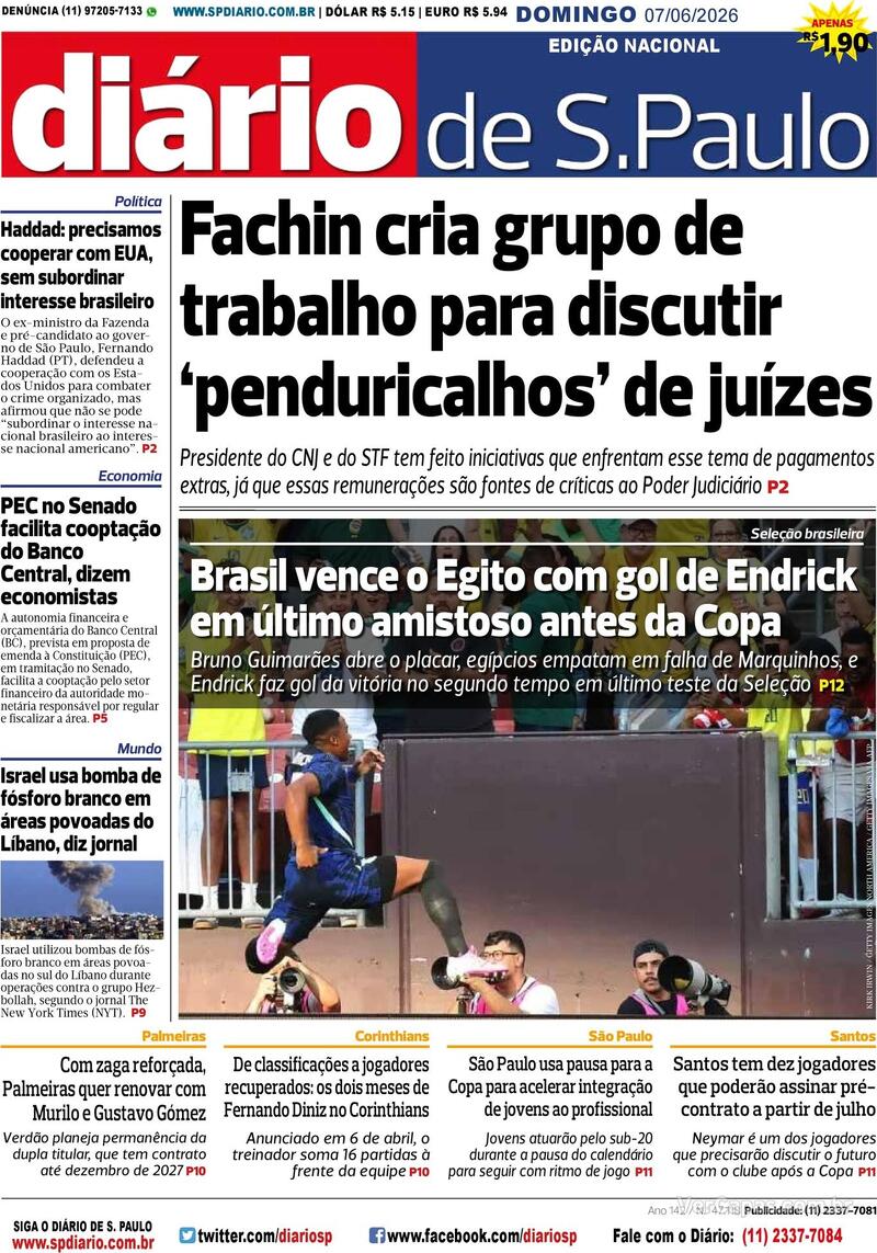 Capa do jornal Diário de São Paulo 07/06/2026