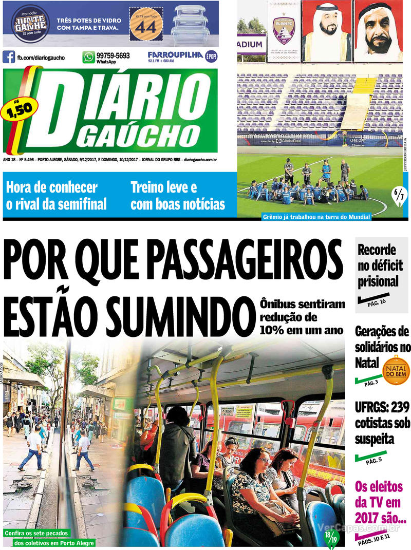 Capa do jornal Diário Gaúcho 09/12/2017