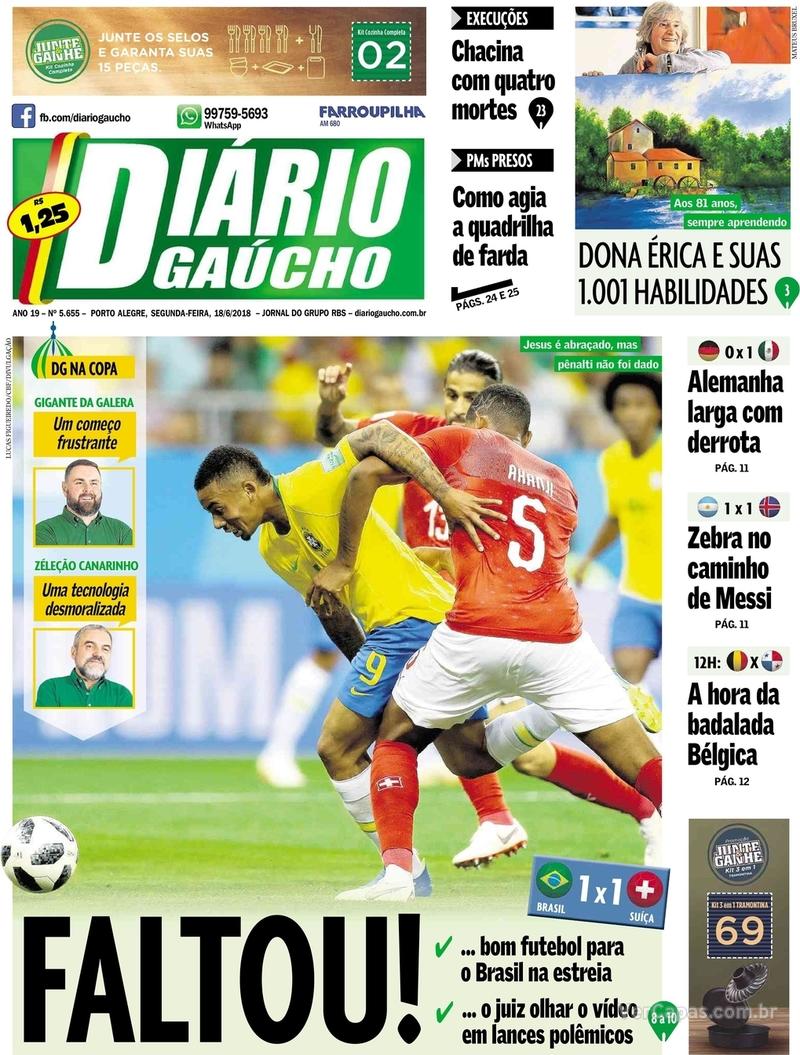 Capa do jornal Diário Gaúcho 18/06/2018