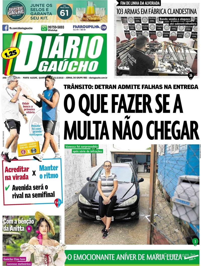 Capa do jornal Diário Gaúcho 21/03/2018