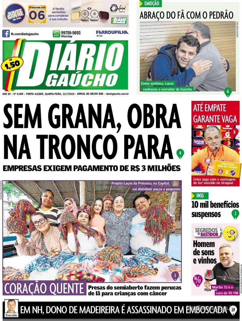 Capa do jornal Diário Gaúcho 31/07/2019