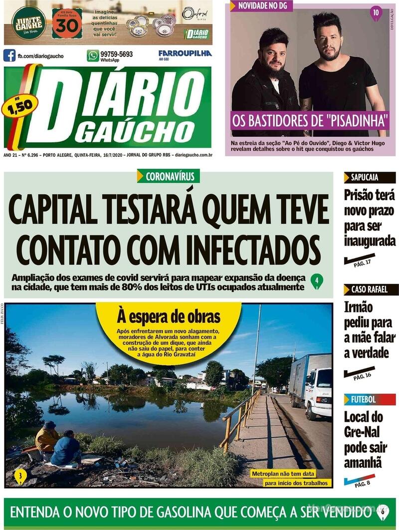 Capa do jornal Diário Gaúcho 16/07/2020