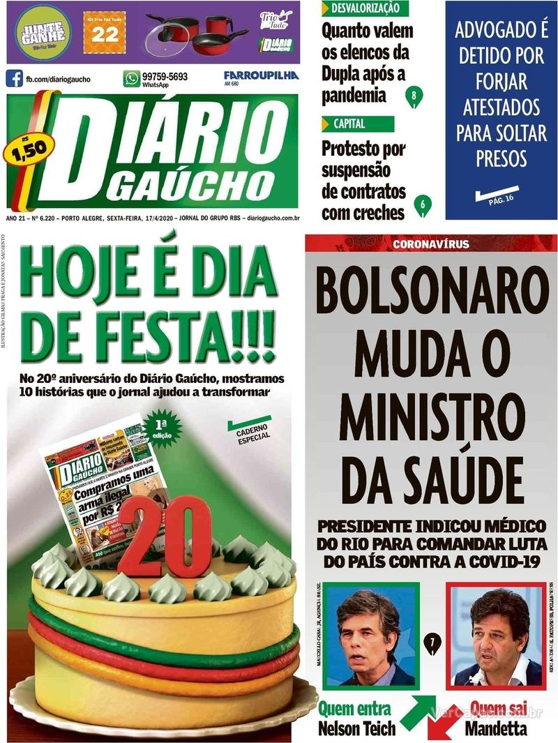 Capa do jornal Diário Gaúcho 17/04/2020