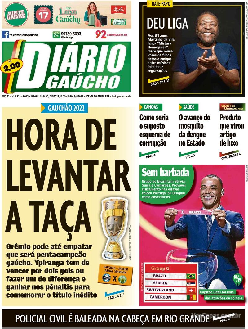 Capa do jornal Diário Gaúcho 02/04/2022