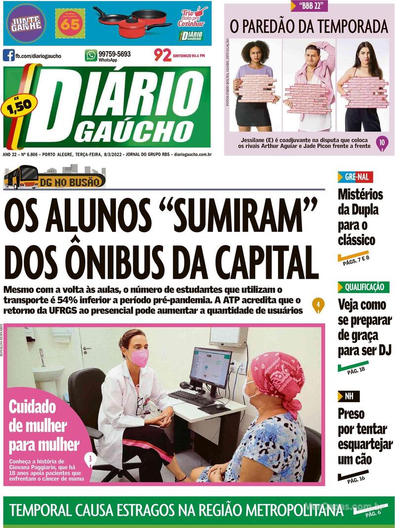 Capa do jornal Diário Gaúcho 08/03/2022