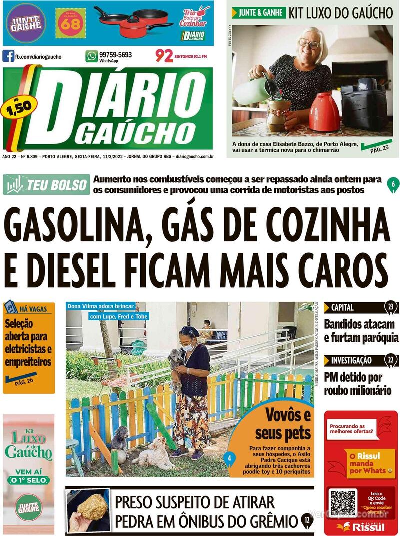Capa do jornal Diário Gaúcho 11/03/2022