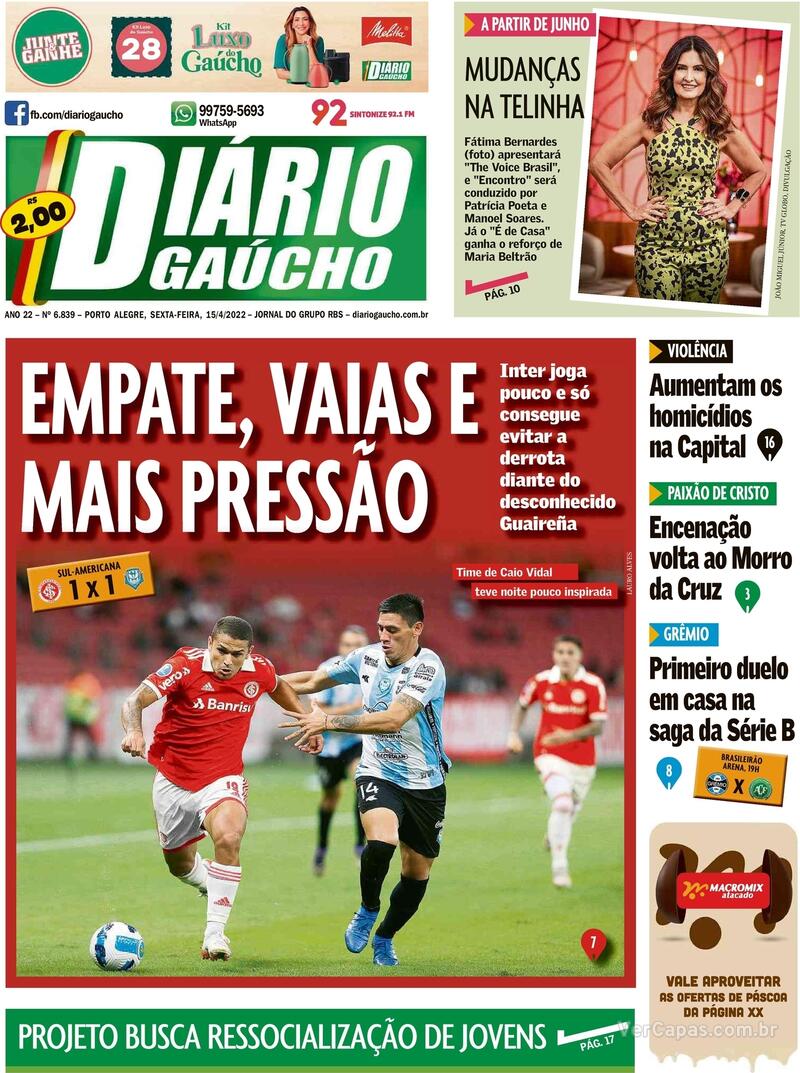 Capa do jornal Diário Gaúcho 15/04/2022