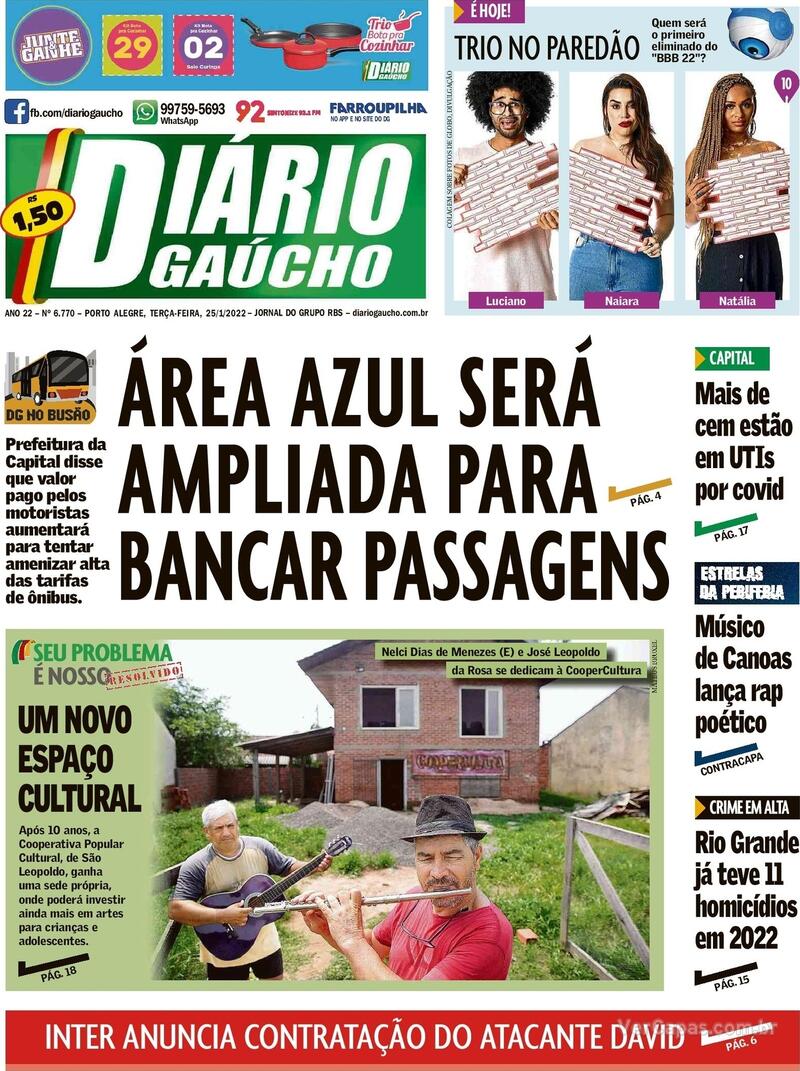 Capa do jornal Diário Gaúcho 25/01/2022
