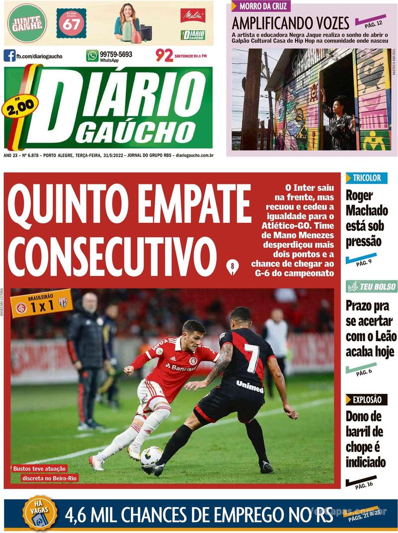 Capa do jornal Diário Gaúcho 31/05/2022