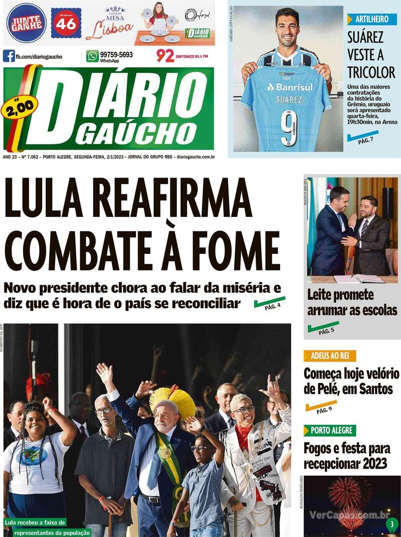 Capa do jornal Diário Gaúcho 02/01/2023