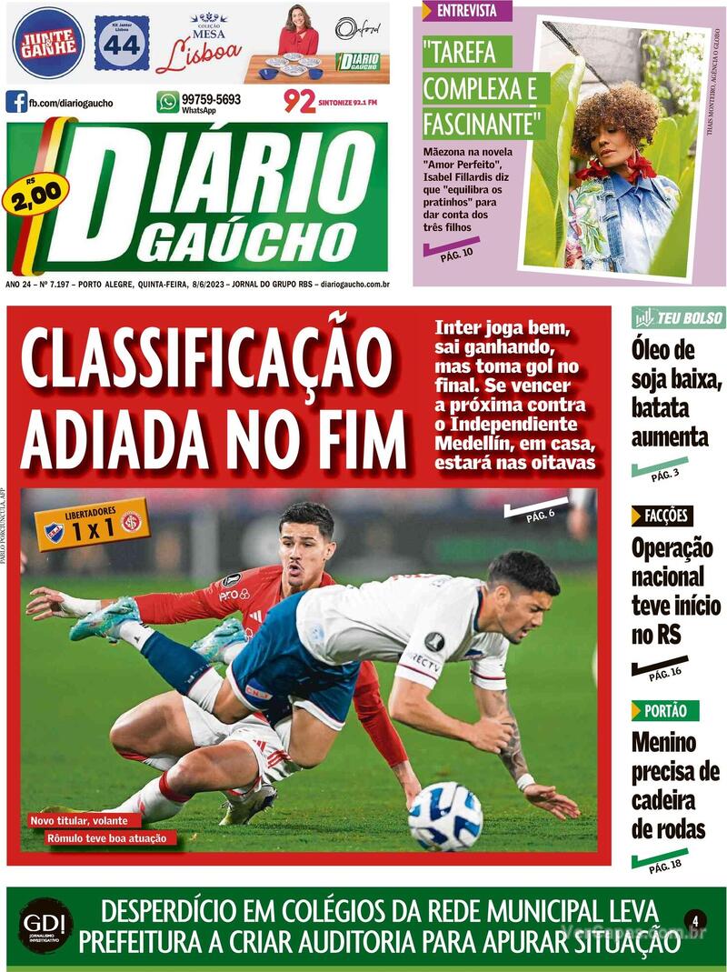Capa do jornal Diário Gaúcho 08/06/2023