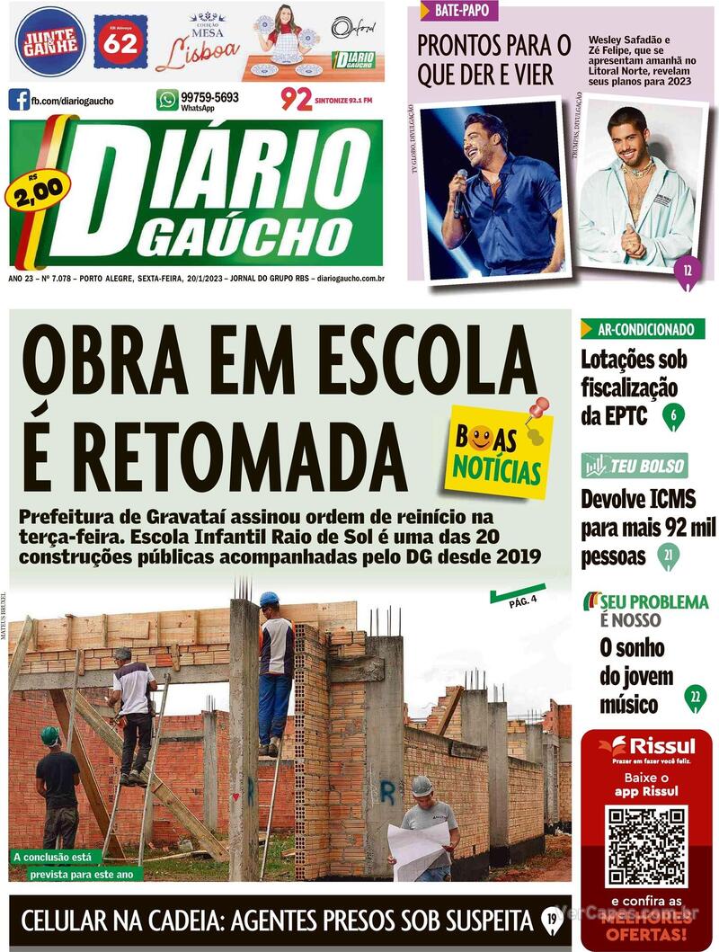 Capa do jornal Diário Gaúcho 20/01/2023