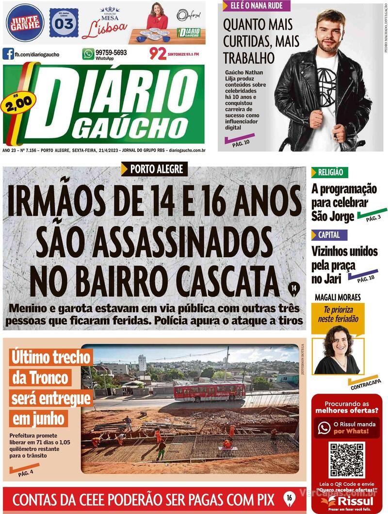 Capa do jornal Diário Gaúcho 21/04/2023