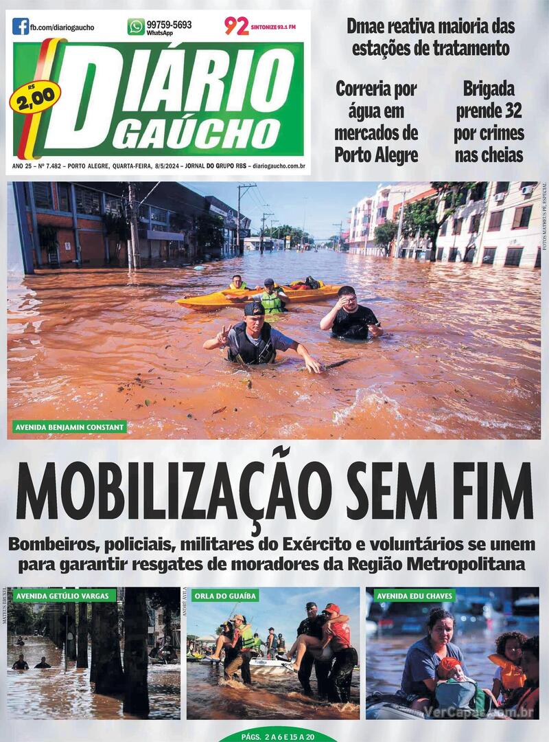 Capa do jornal Diário Gaúcho 08/05/2024