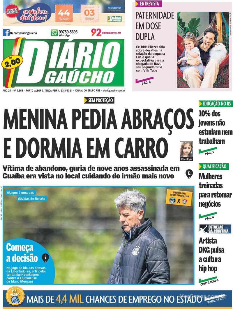 Capa do jornal Diário Gaúcho 13/08/2024