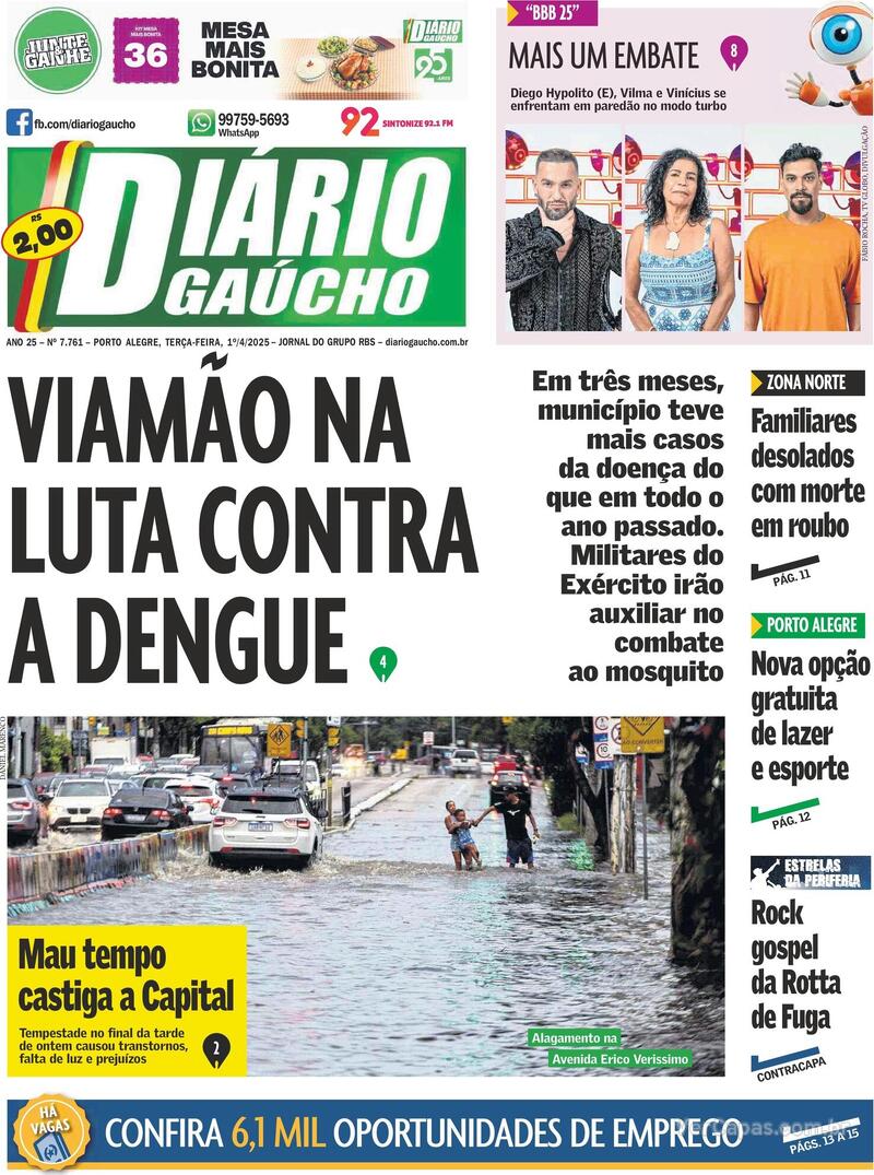 Capa do jornal Diário Gaúcho 01/04/2025