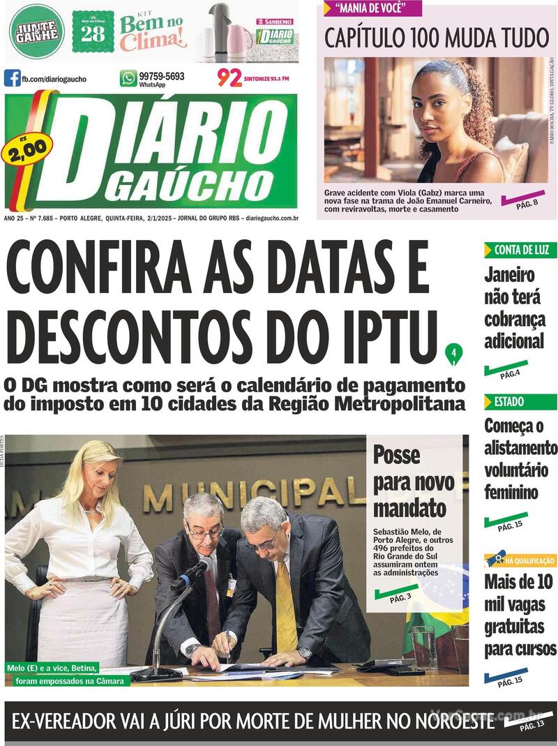 Capa do jornal Diário Gaúcho 02/01/2025