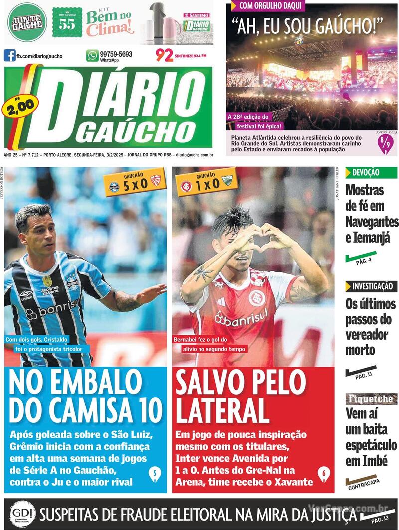 Capa do jornal Diário Gaúcho 03/02/2025
