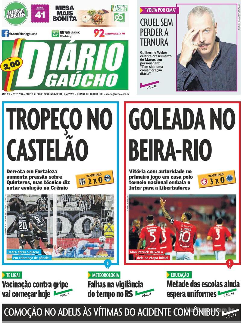 Capa do jornal Diário Gaúcho 07/04/2025