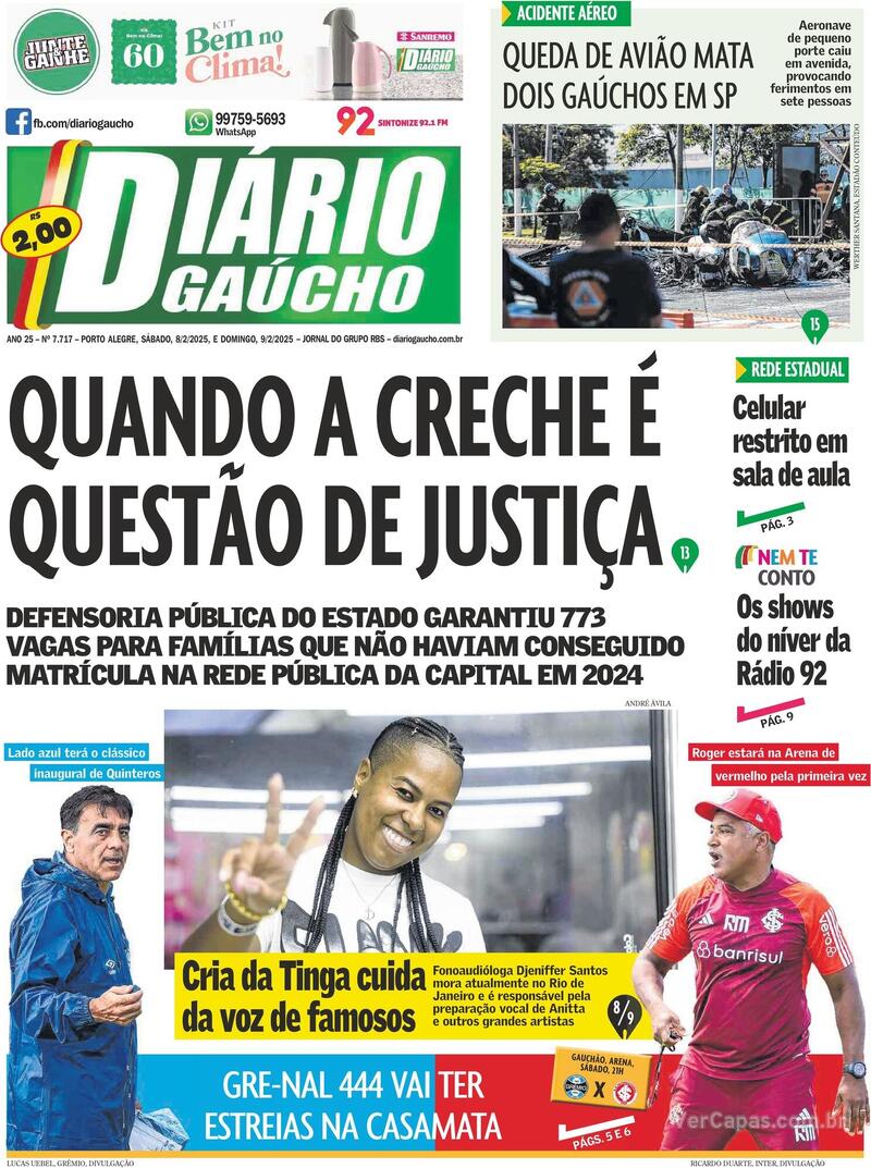 Capa do jornal Diário Gaúcho 08/02/2025