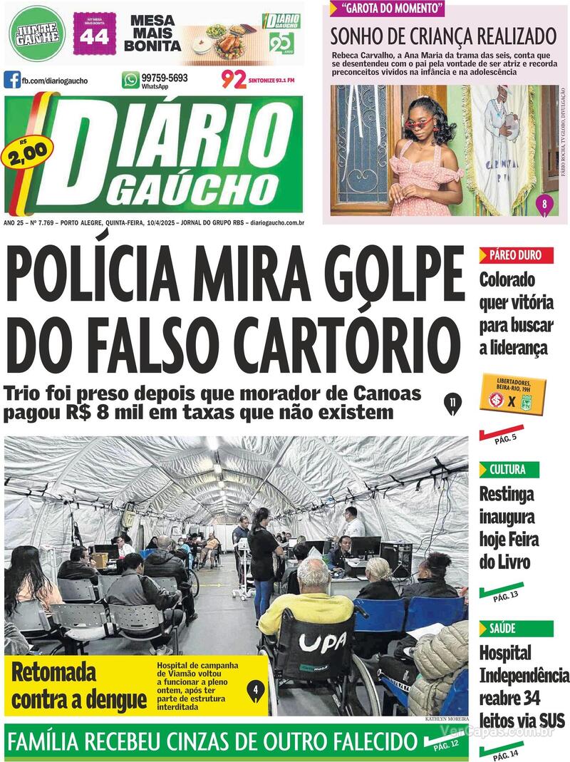 Capa do jornal Diário Gaúcho 10/04/2025