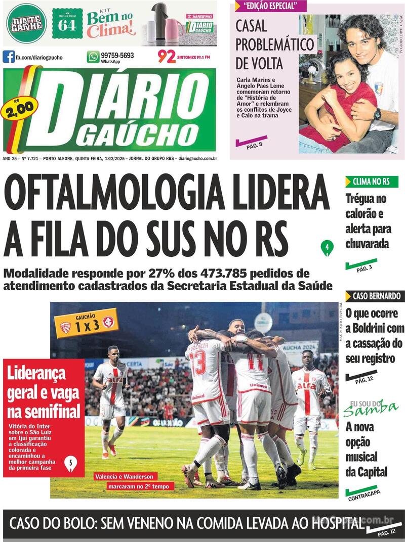 Capa do jornal Diário Gaúcho 13/02/2025