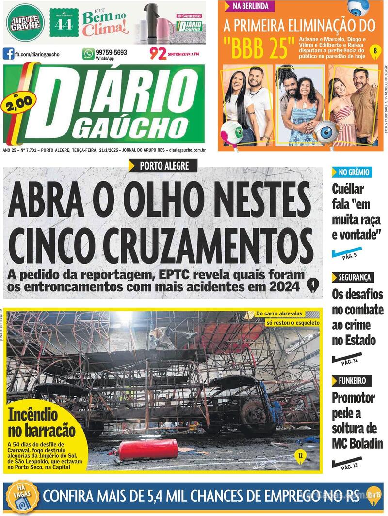 Capa do jornal Diário Gaúcho 21/01/2025