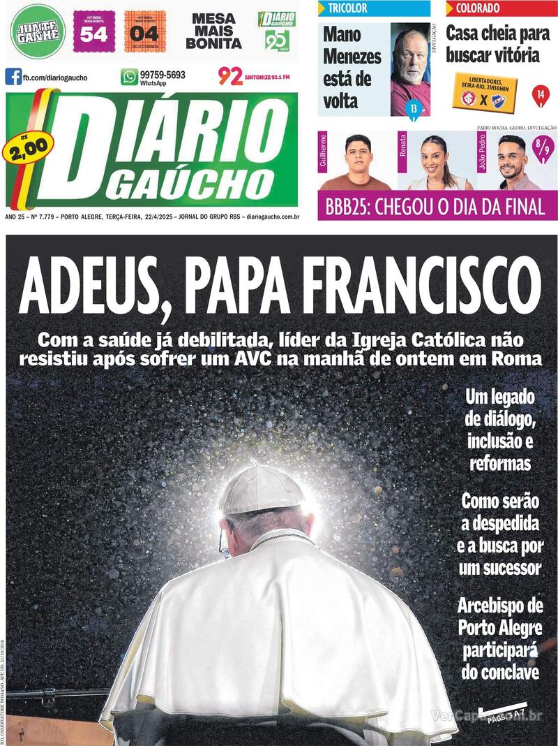 Capa do jornal Diário Gaúcho 22/04/2025