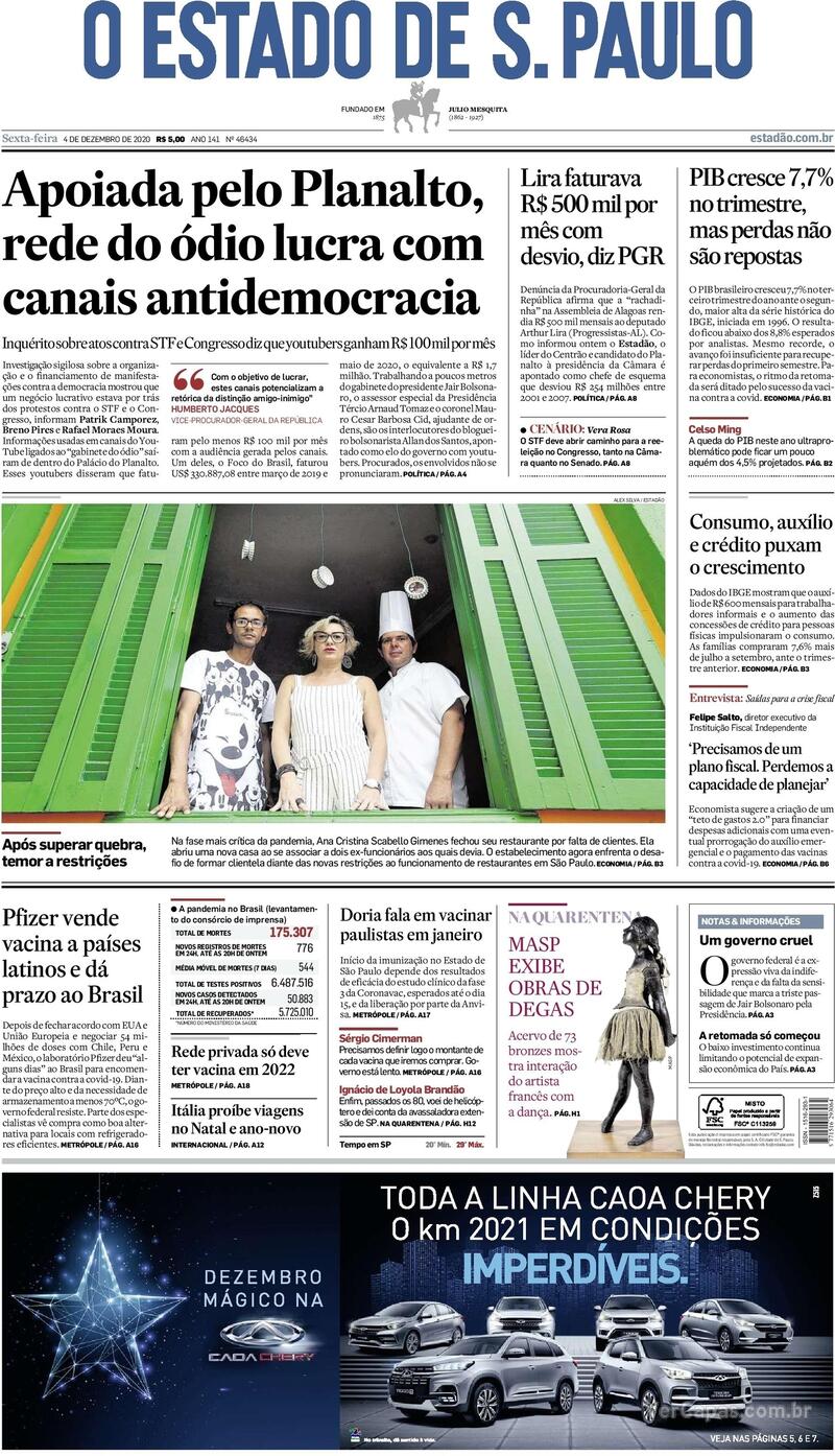 Capa do jornal Estadão 04/12/2020