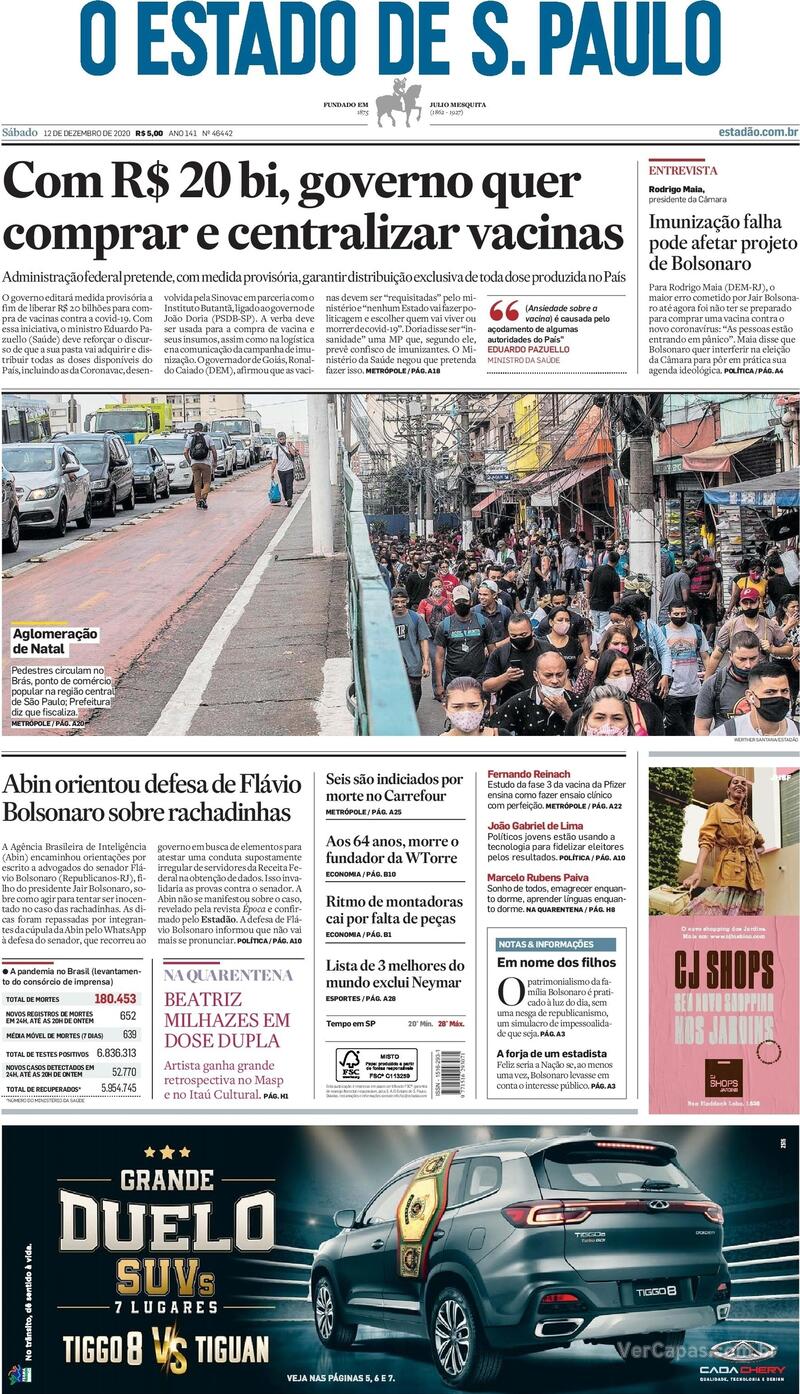 Capa do jornal Estadão 12/12/2020