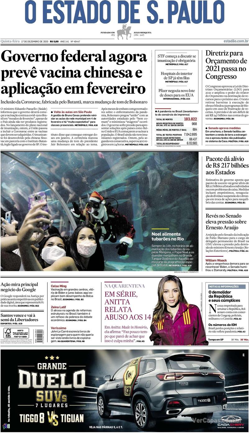 Capa do jornal Estadão 17/12/2020
