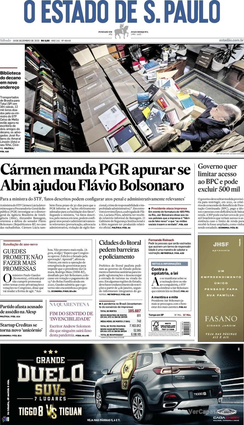 Capa do jornal Estadão 19/12/2020