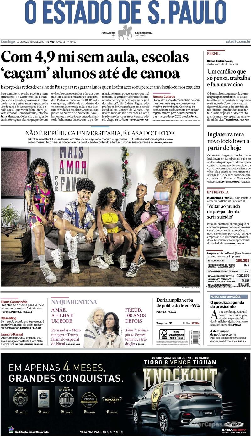 Capa do jornal Estadão 20/12/2020